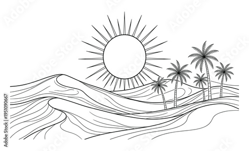 Desert landscape with sand dunes, palm trees, and radiant sun, minimalist line art