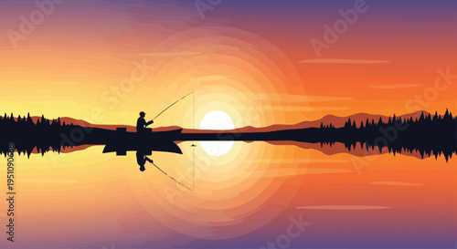 Vector sunset scene with silhouette of person fishing from a boat on a lake