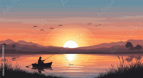 Vector illustration of a man fishing in a serene lake at sunset