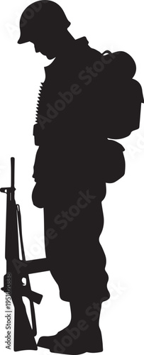 Military soldier silhouette vector illustration holding rifle with backpack on background