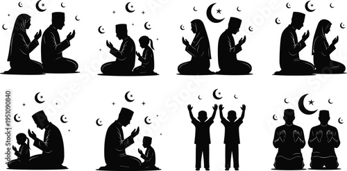 Muslim family praying silhouettes collection with crescent moon and stars, Islamic prayer poses vector illustration set, Ramadan and Eid religious worship concept isolated