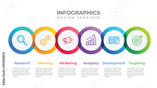 Modern 6-step infographic template with colorful circles and icons for research, planning, marketing, analytics, development, and targeting. Ideal for business presentations and workflow.