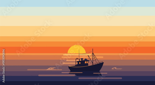 Vector illustration of a boat on calm sea at sunset