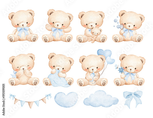 Watercolor Illustration Set of Cute Baby Bears and Nursery Elements