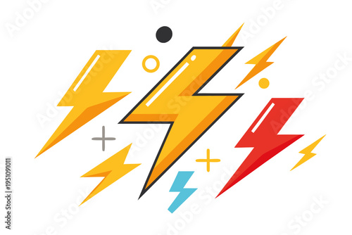 A vibrant and modern graphic illustration depicting an array of colorful lightning bolts in yellow, red, and blue, surrounded by various abstract geometric elements on a clean white background.