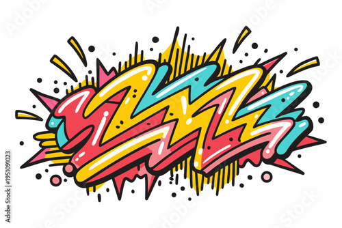 An edgy and bold graffiti-style scribble design, featuring sharp, angular shapes in bright red, yellow, and blue colors, with dynamic outlines and starburst accents, evoking urban art.