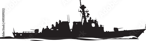 Warship silhouette vector illustration battleship on sea with radar and naval gun systems