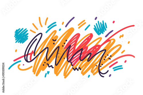 A vibrant and energetic abstract design featuring a chaotic mix of colorful scribbles, lines, and dots, creating a dynamic background that conveys creativity and spontaneous movement.