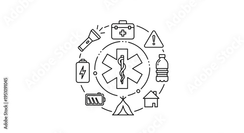 Emergency preparedness kit and medical symbol illustration.