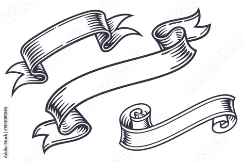 Three black and white, hand-drawn vintage ribbon banners featuring decorative curled ends and subtle line shading are displayed, perfect for retro design projects and elegant labels.