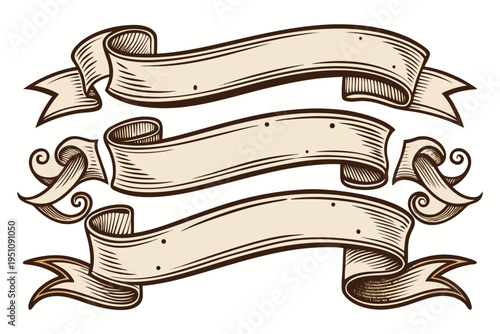 A set of three beautifully detailed vintage ribbon banners in a warm beige hue, adorned with decorative scrolls and subtle dot patterns, evokes an old-world charm and classic elegance.