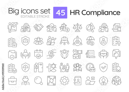 HR compliance line icons set. Regulatory control, workflow management. Workplace safety, employee benefits. Isolated vector outline illustrations. Thin lineart iconset symbols. Editable stroke