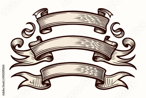 Three beautifully rendered vintage-style ribbon banners with warm beige shading and subtle texture are displayed, creating an antique parchment effect suitable for elegant titles and certificates.