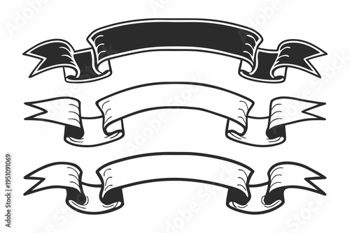 A distinctive set of three hand-drawn ribbon banners is shown, with one filled in solid black and two as outlines, providing versatile options for classic design projects and visual contrast.
