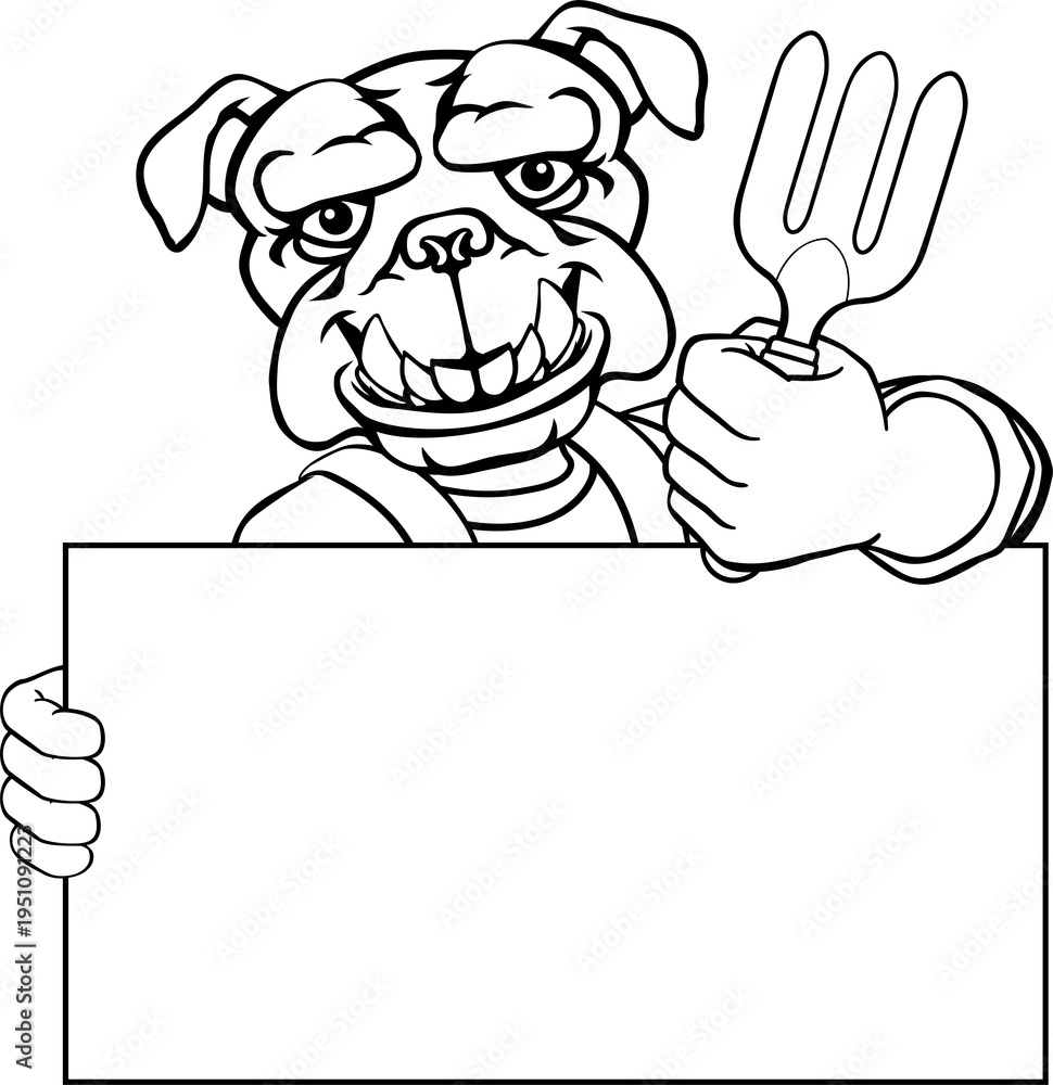 Fototapeta premium A gardener, farmer or handyman bulldog dog cartoon mascot man holding a gardening tool