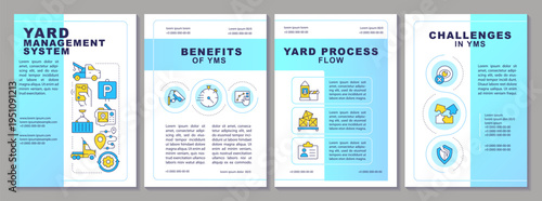 Yard management system blue brochure layout. Benefits, workflow and challenges. Distribution network. Leaflet advertising design with color line icons. Editable 4 pages. Arial, Myriad Pro fonts used