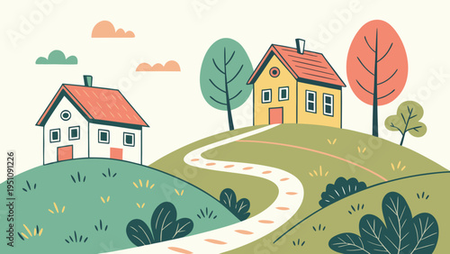 Colorful Hillside Village with Winding Road Vector