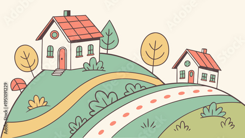 Colorful Hillside Village with Winding Road Vector