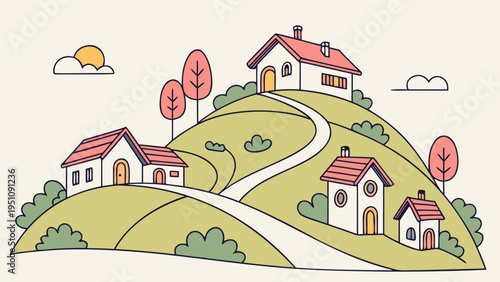 Colorful Hillside Village with Winding Road Vector