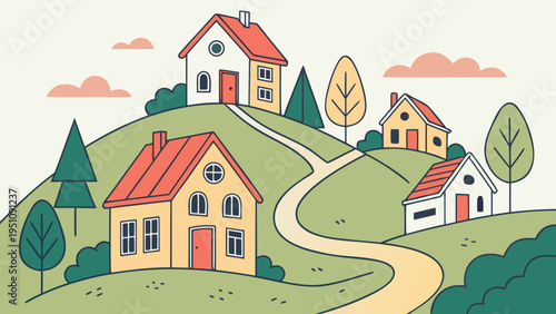 Colorful Hillside Village with Winding Road Vector