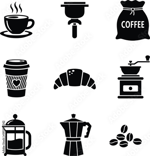 Coffee related black icons including cup, grinder, bag, croissant, moka pot, french press, and beans on white background