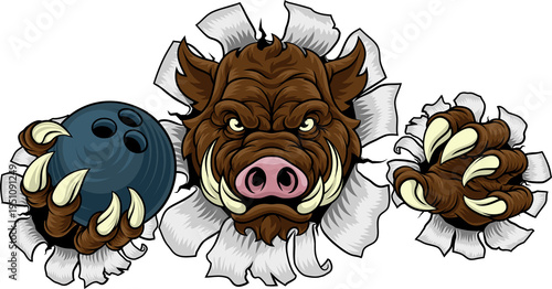 Фотография A wild boar, hog razorback warthog pig mean tough cartoon sports mascot holding