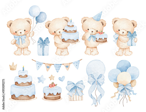 Watercolor Illustration Set of Cute Baby Bears and Party Elements
