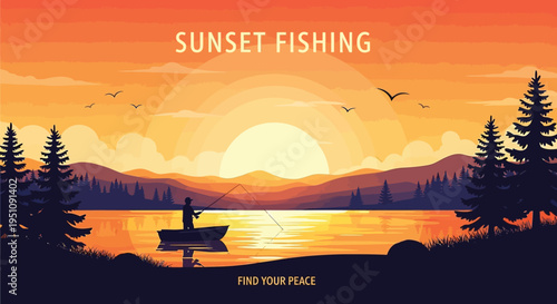Sunset fishing, peaceful lake scene, serene landscape, vector illustration