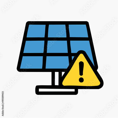 Solar panel with warning sign illustration representing renewable energy concerns and maintenance alerts for sustainability