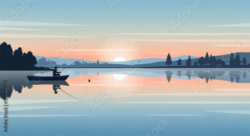 Serene lake scene, peaceful sunset, fishing boat, calm water, landscape illustration