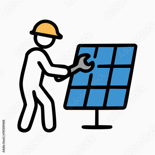 Illustration of a person in work attire with a hard hat and wrench, performing maintenance on a solar panel