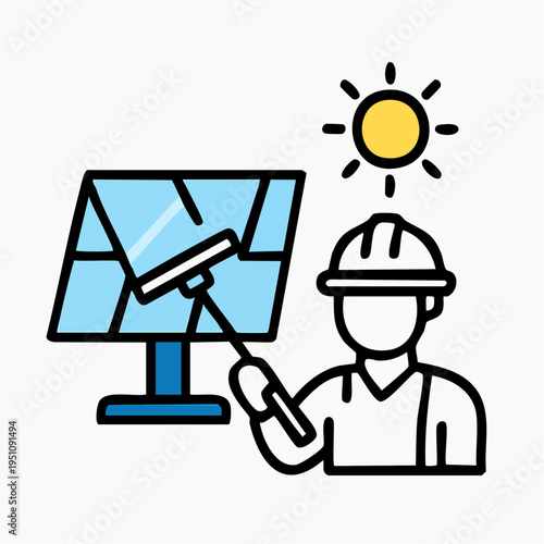 Illustration of a person in a hard hat cleaning a solar panel under a bright sun