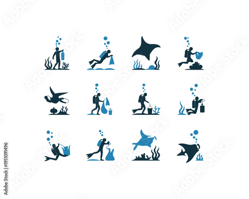 Collection of twelve blue and dark blue underwater scenes with divers and marine life scuba diver ocean