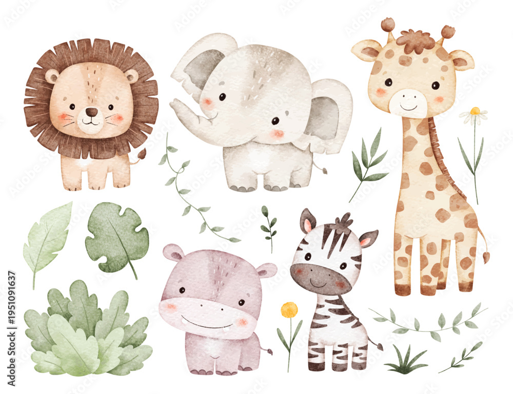 Obraz premium Watercolor Illustration Set of Cute Safari Animals and Nature Elements