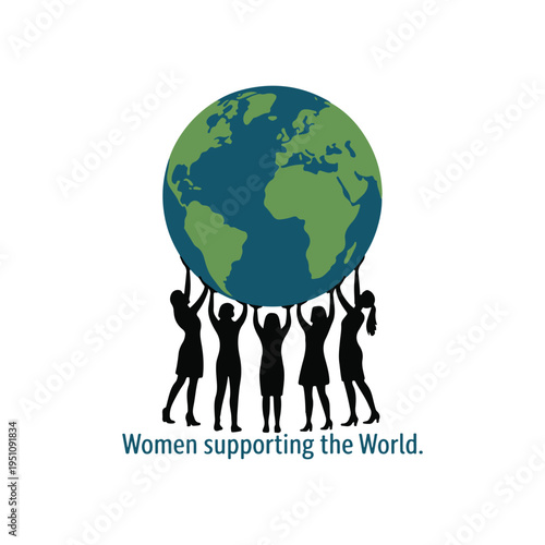Five female silhouettes holding up a green and blue globe representing women supporting the Keywords: silhouette, women