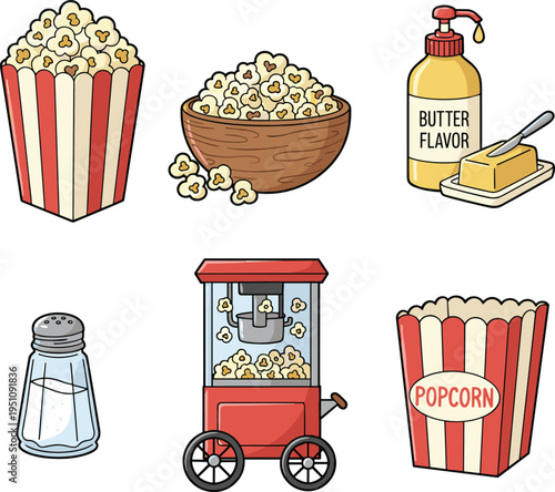 Colorful cartoon illustrations of popcorn and related items Keywords: popcorn, popcorn box, popcorn bowl, butter dispenser
