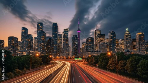 Toronto skyline at dusk with car light trails create stunning urban scenery. Explore the iconic
