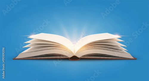 Open book with glowing pages on blue background symbolizing knowledge and education