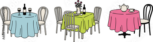 Drawn Cafe Tables with Chairs Wine and Tea Sets on White Background illustration untitled