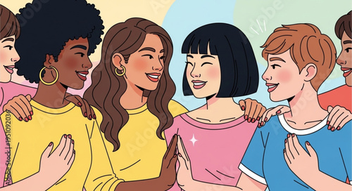 Diverse group of women friends smiling and embracing together.