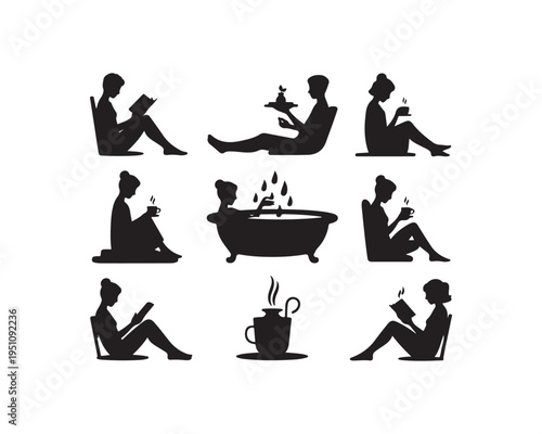 Nine black silhouette depicting people relaxing and enjoying leisure activities like reading books drinking hot beverages and