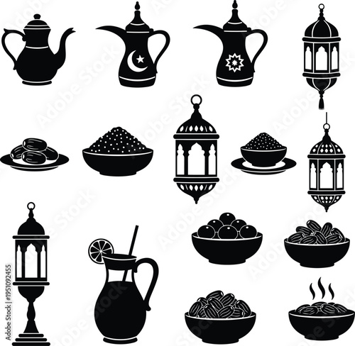 Islamic Ramadan Icons Coffee Pots Dates Lanterns and Drinks Collection Keywords: ramadan, islam, islamic, eid, eid mubarak