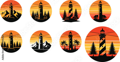 Lighthouse sunset vector set, coastal landscape silhouettes with sea, mountains and trees, flat design nautical illustration collection, vintage badge style