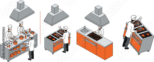 Professional kitchen vector illustration, chefs cooking food on stove, restaurant interior equipment, flat design culinary workspace, modern cooking concept set