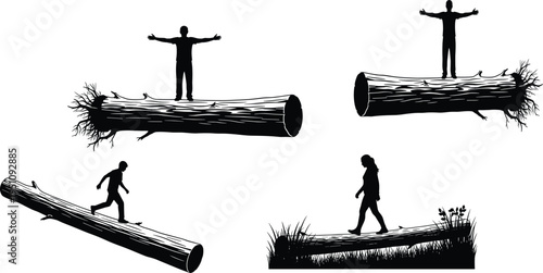 People walking on log silhouette vector illustration, balance and confidence concept, outdoor nature scene, black flat design human activity artwork