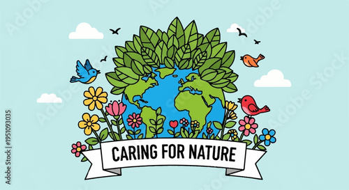 Earth surrounded by lush green leaves colorful flowers and birds symbolizing environmental care and conservation