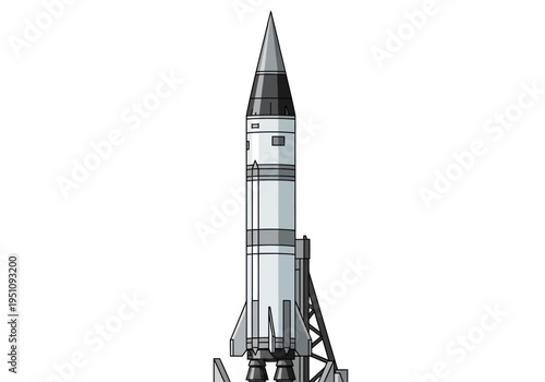 A detailed illustration of a powerful rocket poised for launch on a launchpad, showcasing intricate engineering and a sleek design