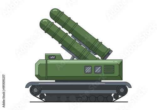 Military missile launcher on tracks, an illustration of an armored vehicle with two missiles ready for launch