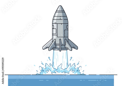 Spacecraft launching from water surface with spray and splash