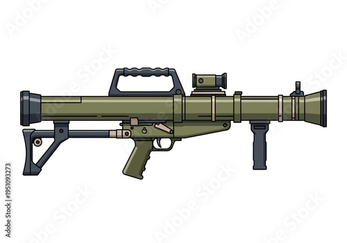 Modern military weapon system vector illustration, depicting a powerful shoulder-fired projectile launcher for tactical operations and defense applications, isolated on a white background